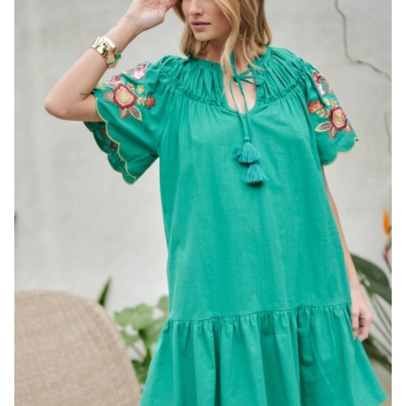 Bright Green Floral Embroidered Short Sleeve Tassel Tie Neck Flare Pocket Dress - Picture 16 of 17